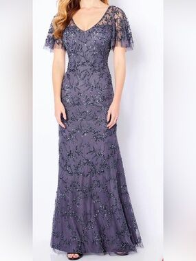 Mon Cheri Cameron Blake Elegant Gunmetal Beaded Gown 16w NEW 221681